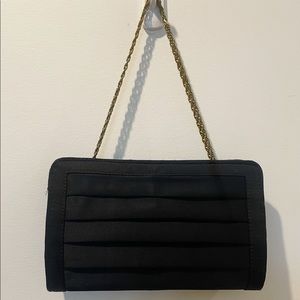 Vintage 50s Magid Black Pleated Rayon Handbag/Clutch with Gold Tone Chain Strap